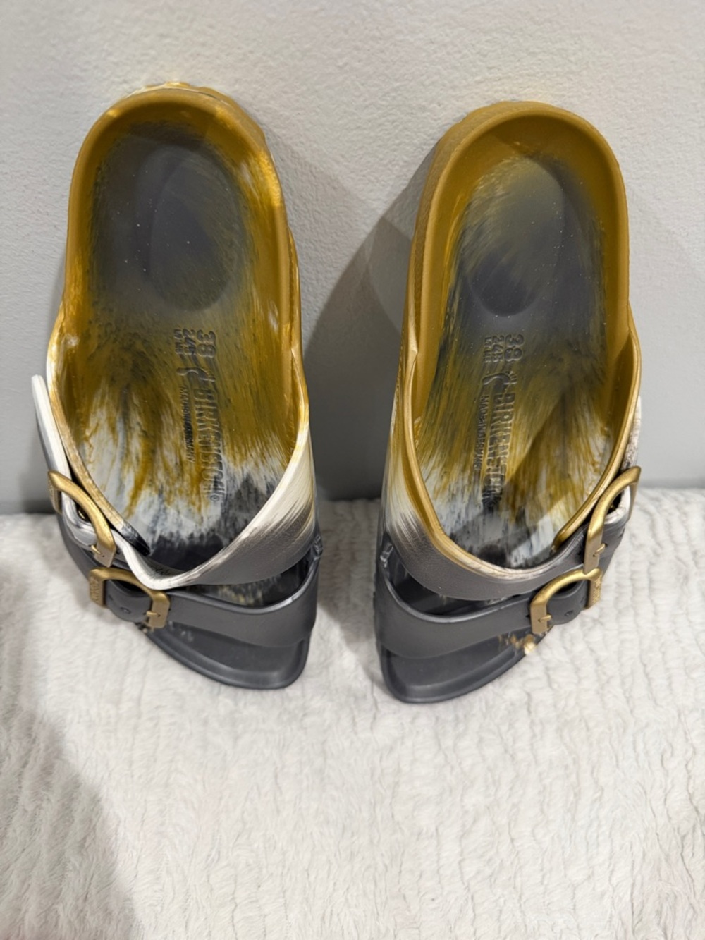 Birkenstock Grey and Gold Double Buckle Slides - Picture 2 of 6